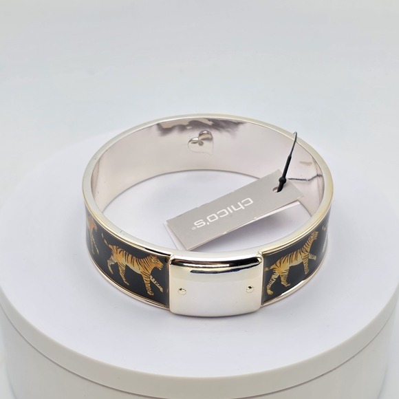 Chico's Jewelry - New! CHICO'S Luna Bracelet Tiger Print Wide Bangle Enamel Silver Tone New W Tags